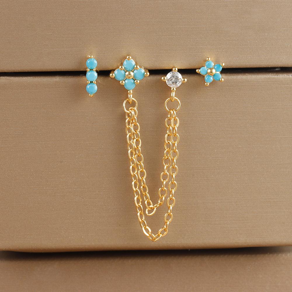 3PCS Vintage Zircon Flower Stud Earring Set For Women Stainless Steel Double Studs Chain Tassel Piercing Earring Fashion Jewelry