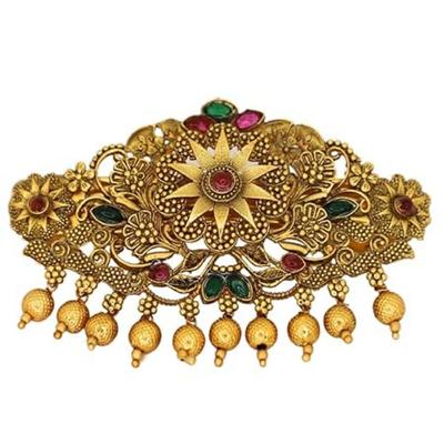 Traditional Gold-Plated Hair Barrette Clip With Floral Design And Beads Danglers (Design-1)