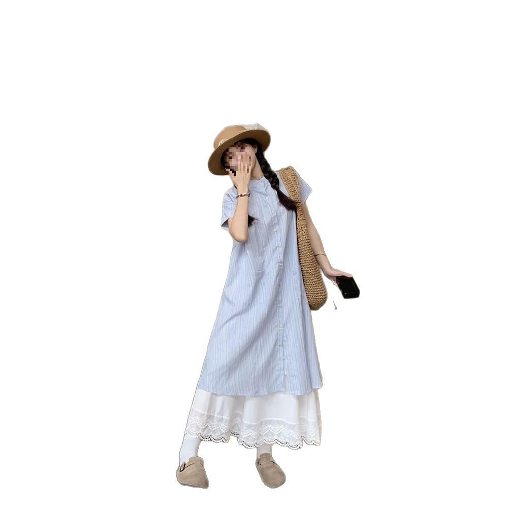 Sweet College Stacked Two-piece Suit Blue Striped Shirt Dress Lace Skirt Women