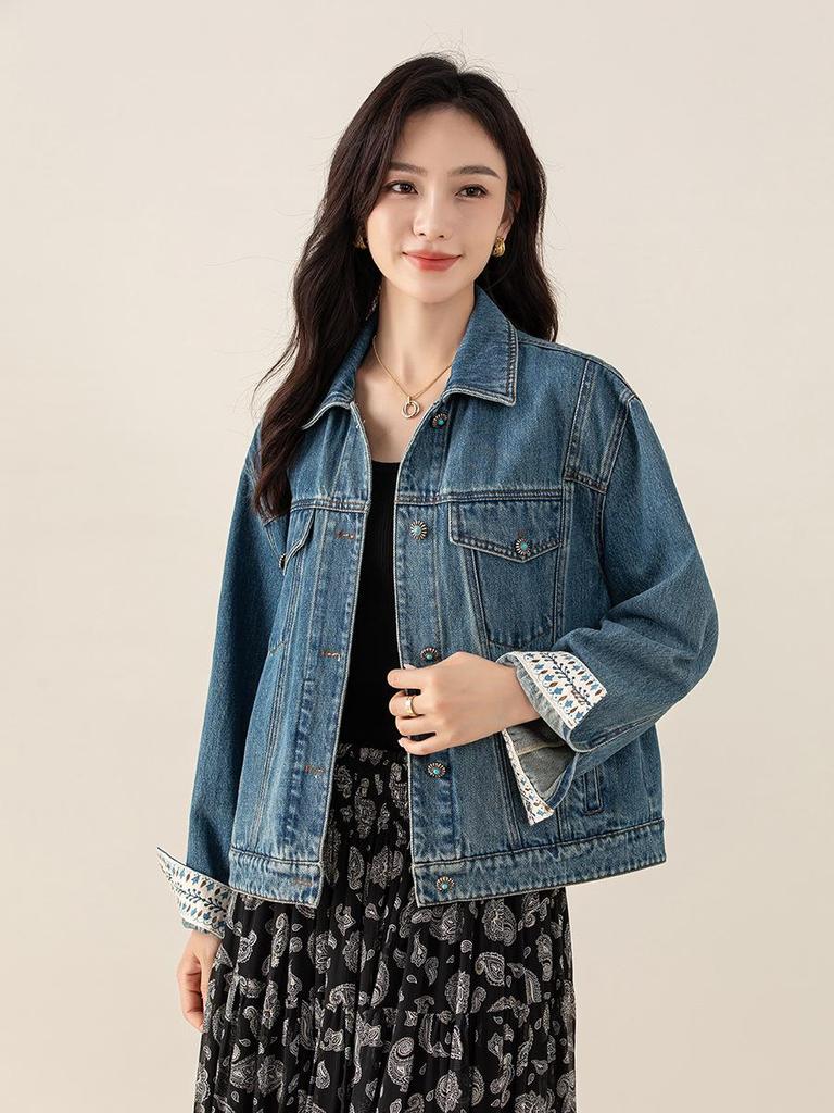 Xin Ge Damen Retro Patchwork Jeansjacke mit Aufschlagmanschetten - Herbst Blau Print Design