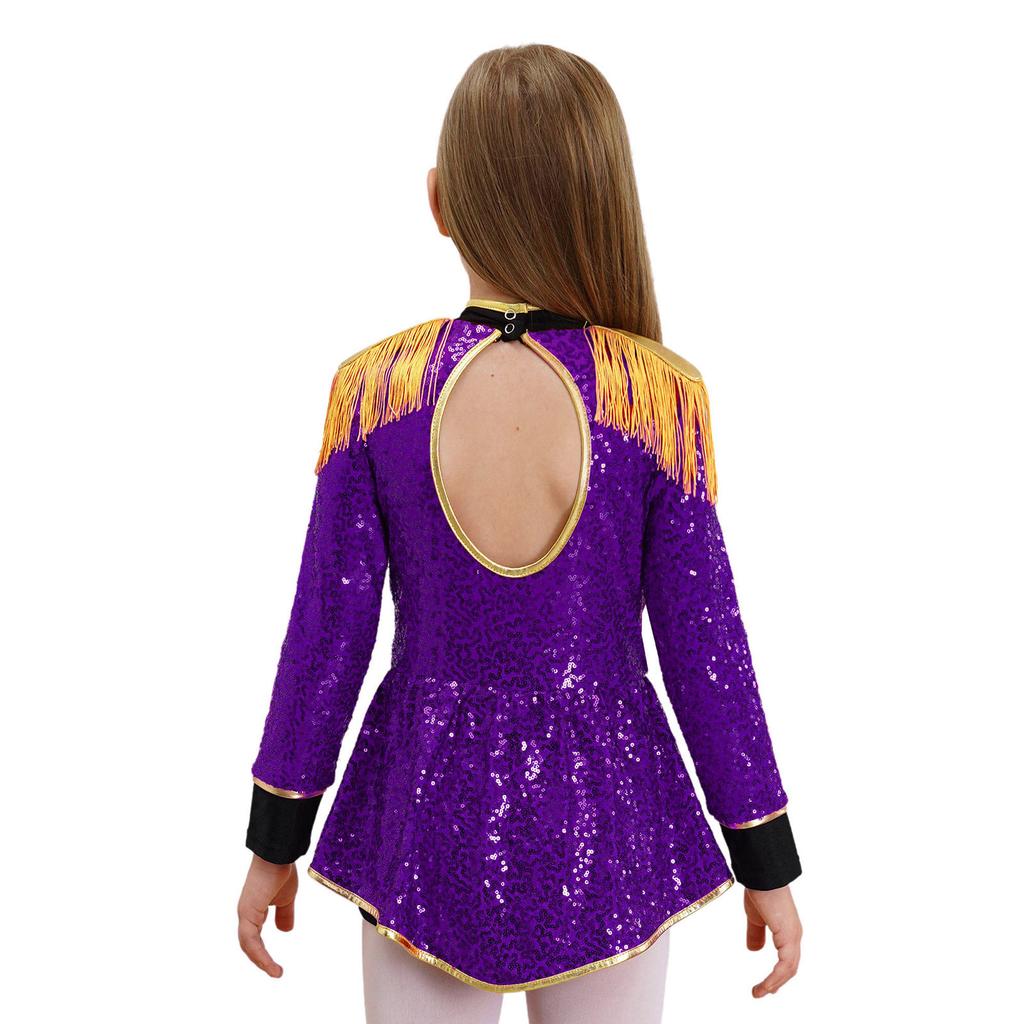 Girls Circus Magician Costume Long Sleeve Sequin Bodysuit with Fringe Epaulets and Sparkle Tassels for Carnival Themed Performances