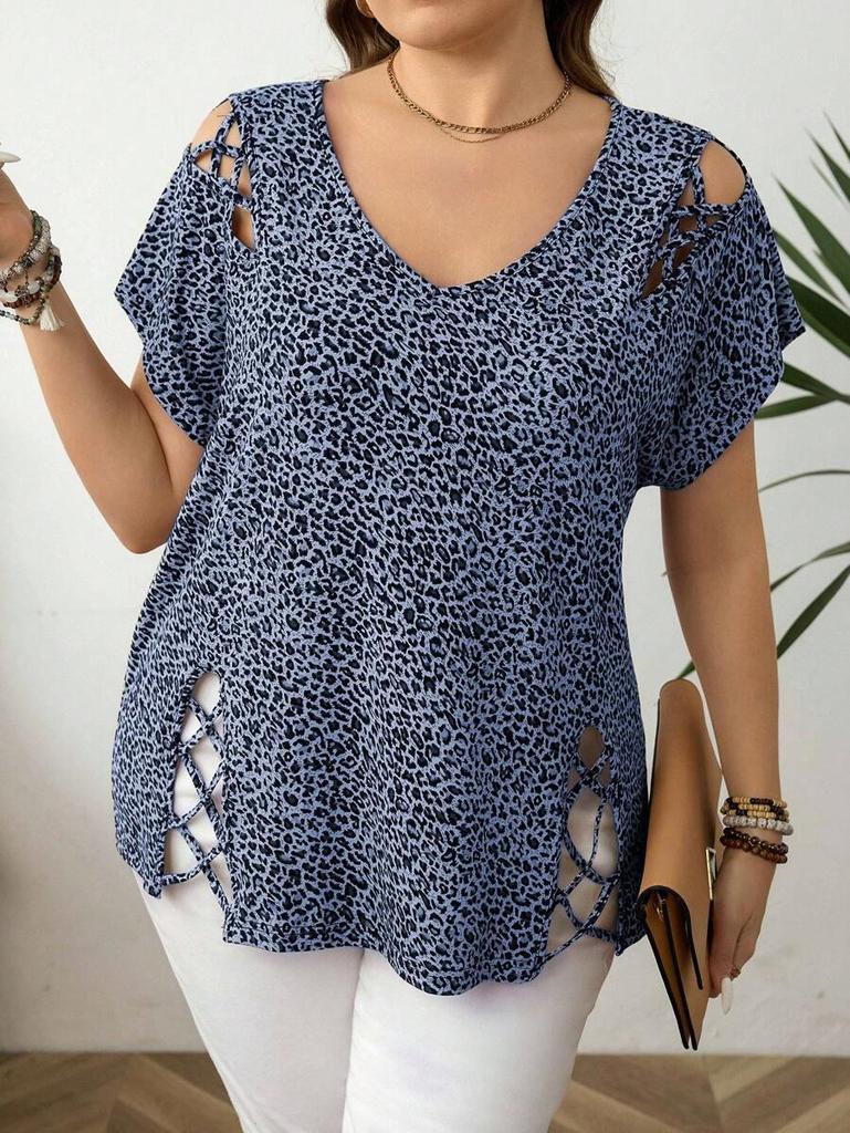 Plus Size Leopard Print V-neck Short Sleeve Loose Women's T-shirt (European & American Fashion)