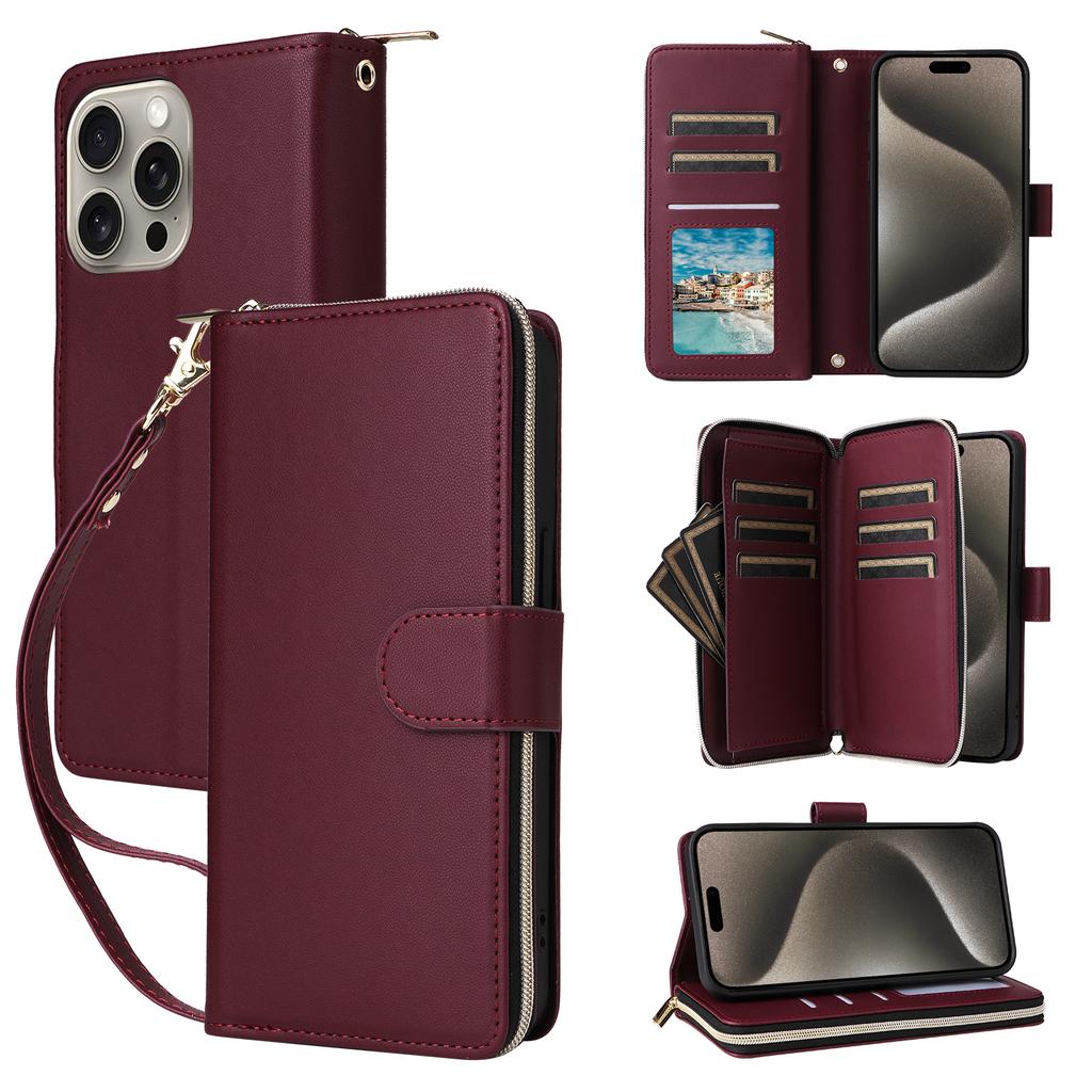 R20 For iPhone 15 Pro Max Case Zipper Pocket PU Leather Cover with 9 Card Slots