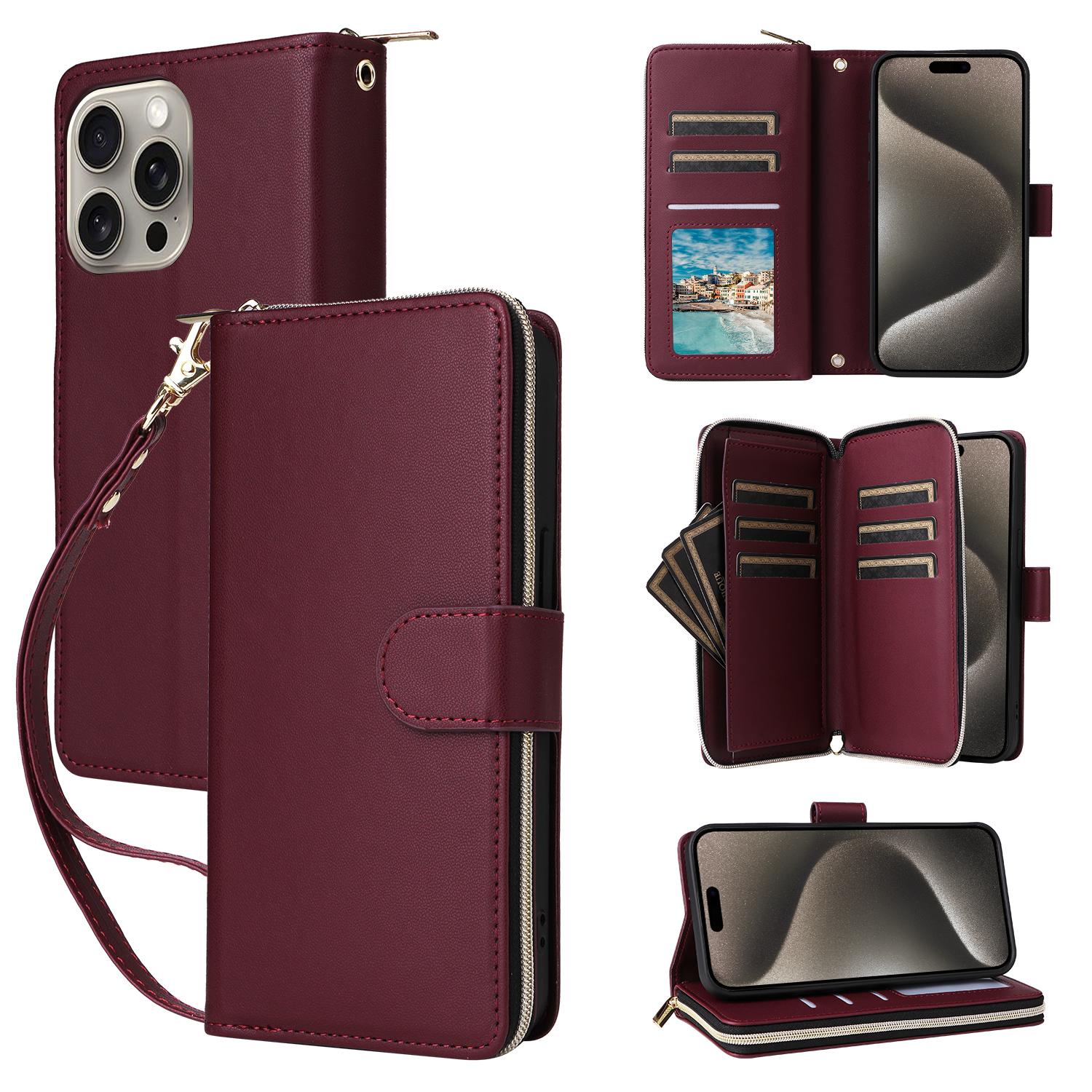 

R20 For iPhone 15 Pro Case Zipper Pocket PU Leather Cover with 9 Card Slots B
