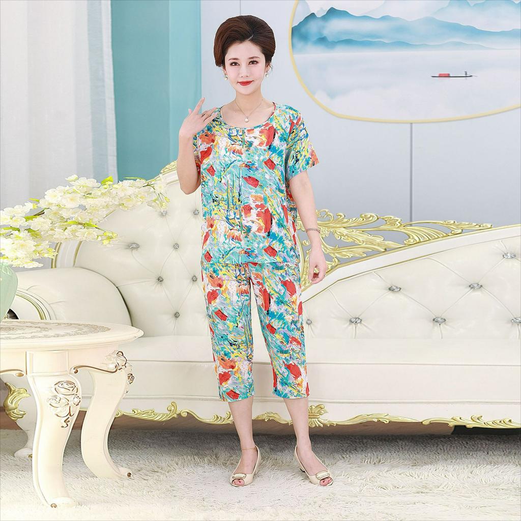 Women's Summer Suits, Casual Plus Size Artificial Cotton Short-sleeved Middle-aged Mother Pajamas, Homewear