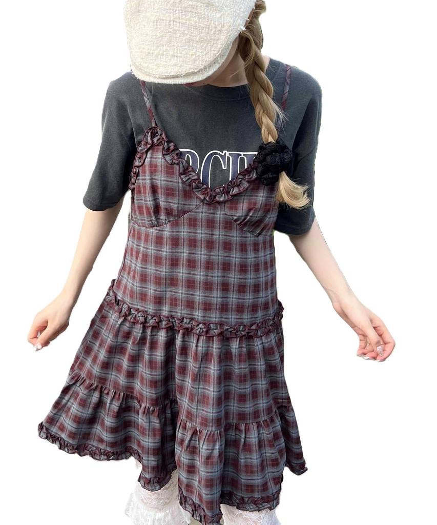 WEGO WC Ruffle Check Camisole Girly and Size Wine Dress, Cute, Women's, F,