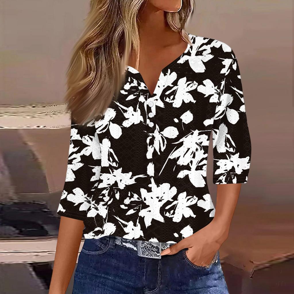 Women's T Shirt Tee Print Button  3/4 SleeveDaily Weekend Fashion Basic V- Neck Regular Top