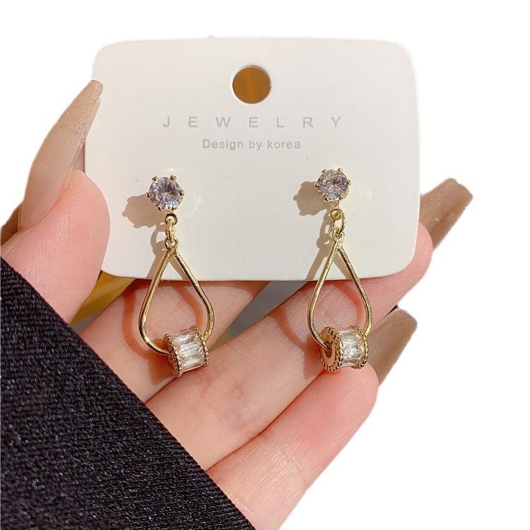 Silver needle small waist stud earrings female, temperament geometric water drop zircon earrings small fragrant wind earrings