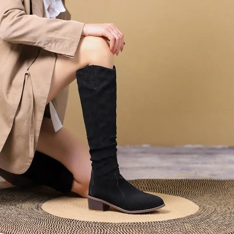 Móda Dámské Boty Módní Rukáv Dámské Kozačky Zimní Špičatá Špička Semiš Jednobarevné Vysoké Holenní Dříko Hrubé Podpatky Nadměrná Velikost Kozačky Zapatos De Mujer