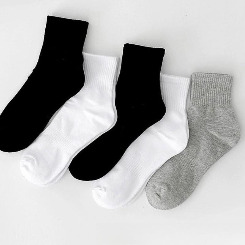 5 Pairs Men's Breathable Cotton Socks Solid Color Black White Business Casual Sports Socks