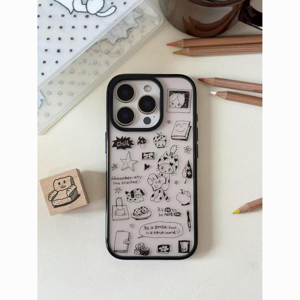 Doodle Dot Cat Case: Korean Style, Frosted Acrylic, Black Border for Apple 13Pro, 14Pro, 15Pro, 16Pro, 17Pro