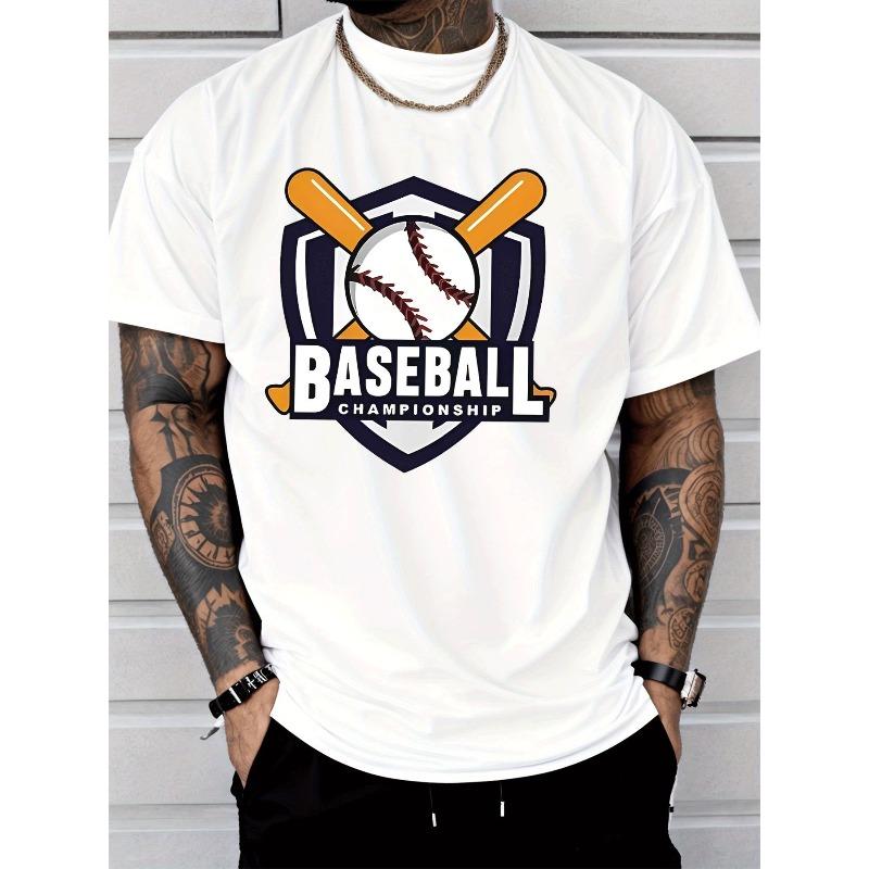 Men'S Fashion Casual Trendy Street Style Short-Sleeve T-Shirt, Featuring a Shield Baseball Championship Logo, Crossed Bats, And Baseball Patterns