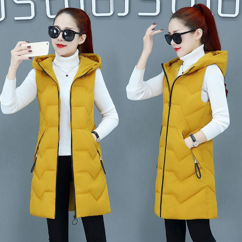 VANGULL Women Cotton Vest Winter Autumn Female Sleeveless Waistcoat Hooded Warm Long Vest Solid Coat