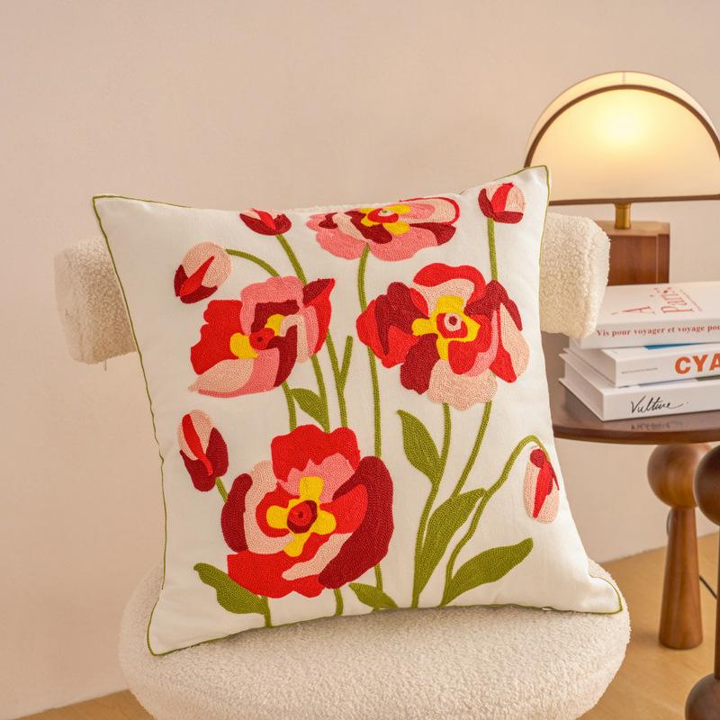 1pc Contemporary Floral Embroidery Throw Pillow Cover with Yellow Flowers & Green Leaves Zippered, Machine Washable for Living Room Decor