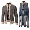 Autumn Winter New Style Men Stand Collar Color Block Outer Wear Cardigan Fleece Lined Thick Warm Knit Coat