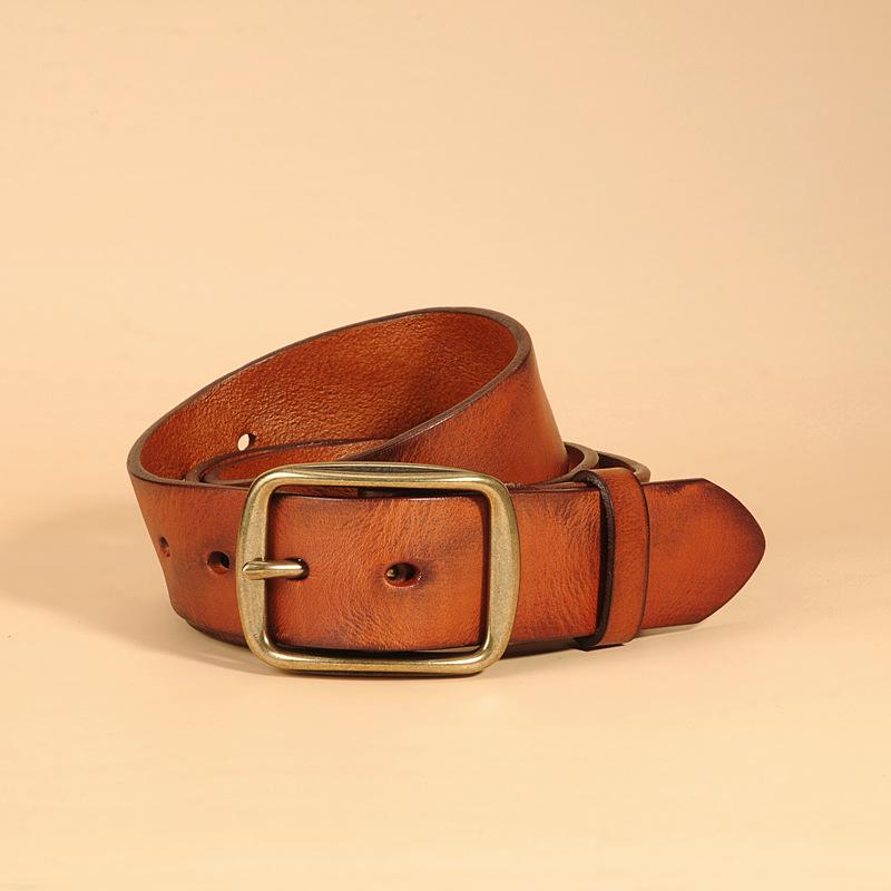 Men's Retro Vegetable Tanned Leather Belt with Copper Buckle