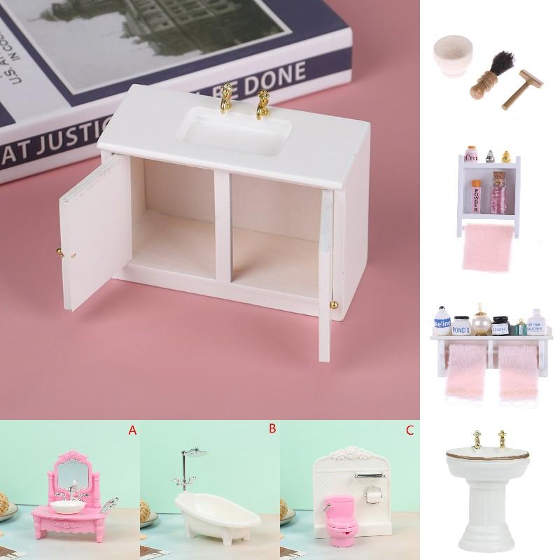 1:12 Dollhouse Miniature Hand Sink Shaver Set Brush Razor Towel Makeup Rack Bath Set Bathroom Model Decor Furniture Accessories