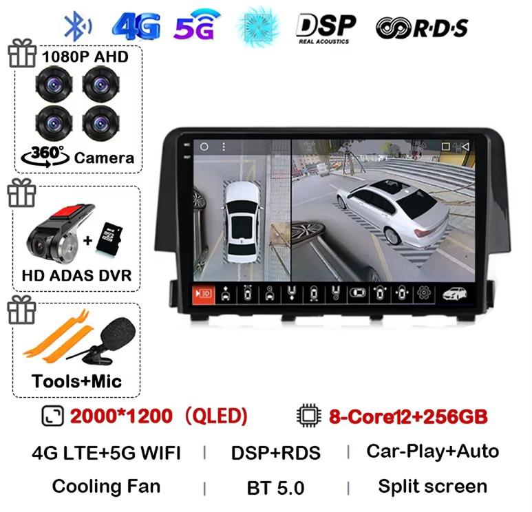 Android 14 Wireless Carplay Auto For Honda Civic 2016 2017 2018 2019 2020 Car Radio Stereo Multimedia Player GPS 4G+WIFI DSP