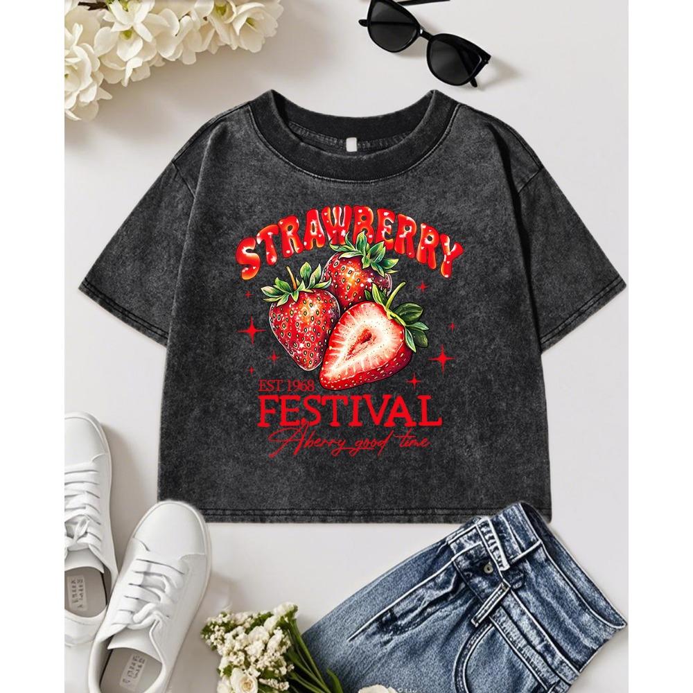 Strawberry Festival Fruits Est 1968 Print Womens Washed T-Shirt Cotton O-Neck T Shirts Fitness Tops Summer