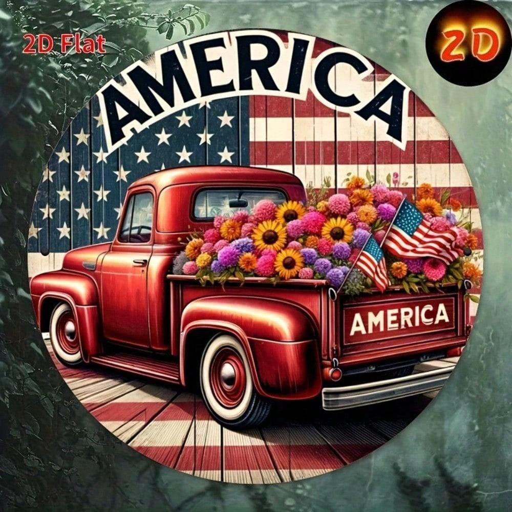 1pc Patriotic Red Truck Metal Sign with Floral Wreath, Round Wall Decor for Home Patio Garage Bar