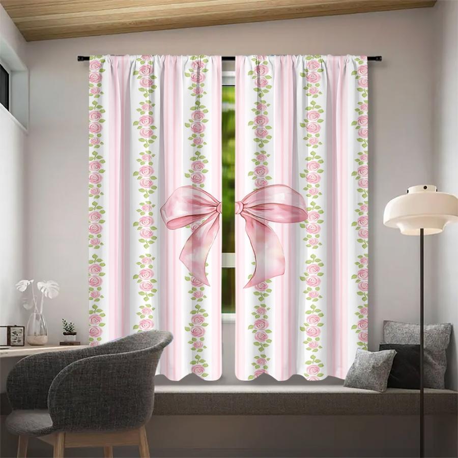 2PCS Digital Printed Curtains with Rose Bow Design, Stylish Window Drapes for Living Room Bedroom Home Decoration and Kitchen