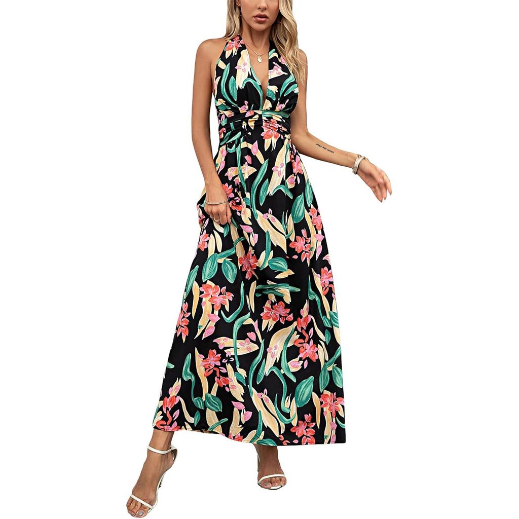 Dame Temperament Neck Print Bohemian Dress Holiday Beach Maxi Dress