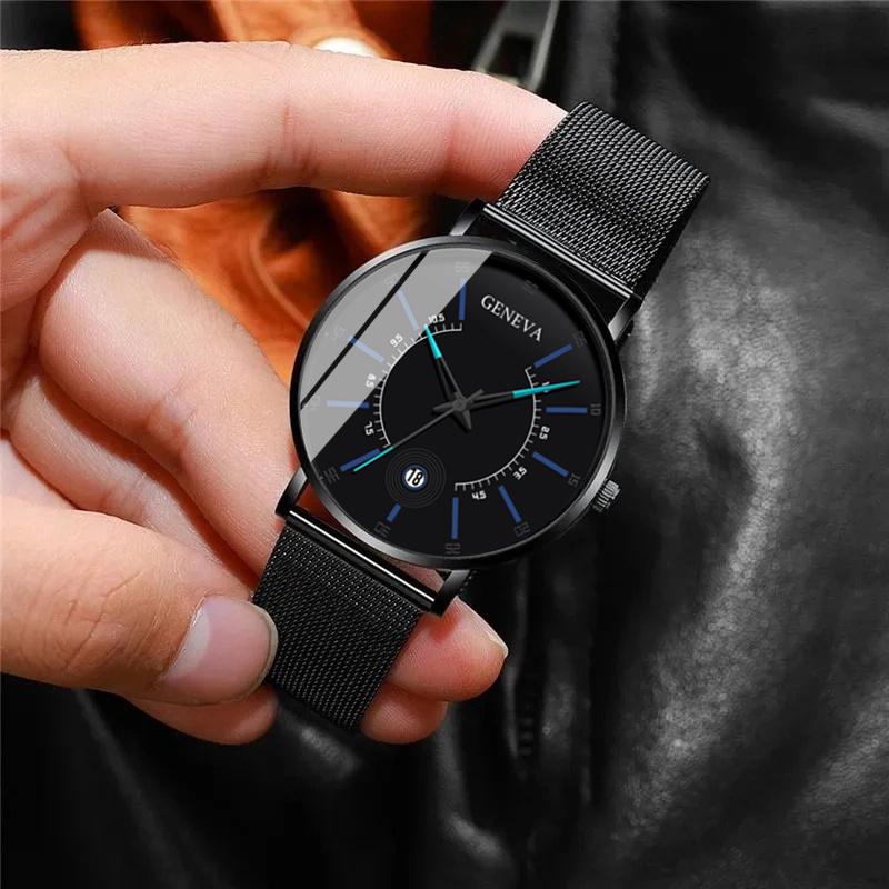 2ks/sada módních pánských obchodních hodinek se síťovaným řemínkem, quartzových hodinek, klasických kreativních kalendářních náramkových hodinek a náramku