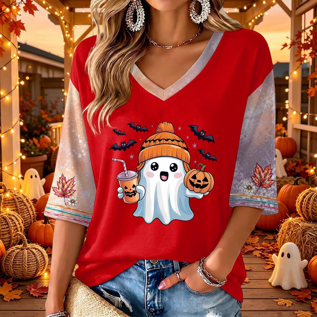 Women's V-Neck Casual Halloween Print Three-Quarter Sleeve Top for Fall Festive Occasions