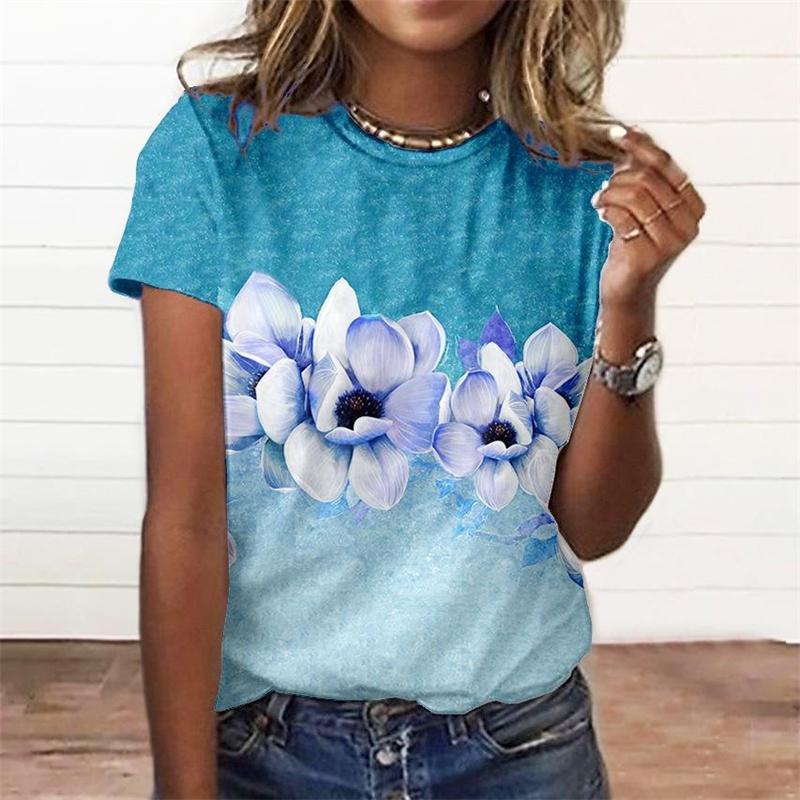 Women's T-shirt with flower print T-shirt top, girls' clothing, summer short sleeved T-shirt, V-neck casual holiday women's T-shirt