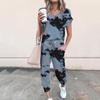 Women Round Neck Lip Print Tie-Dye Casual Short Sleeve Sports Suit