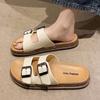 Women's Two Strap Buckle Slide Sandals Faux Cork Footbed Thick Sole Casual Slippers
