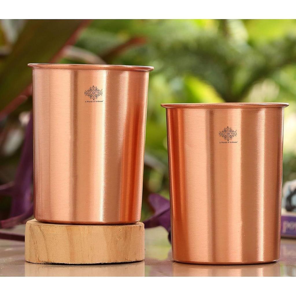Pure Copper Plain Glass with Matt Finish Design, Drinking Serving Water, Yoga Ayurveda, Volume-300 Ml, Pack of 2