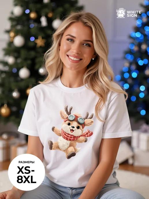 Oversized Christmas T-shirt with Fawn in a Scarf print XL