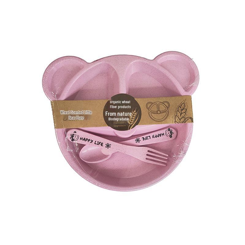 

Wheat Straw Bear Children s Plate Set - Creative Compartment Dish with Fork & Spoon