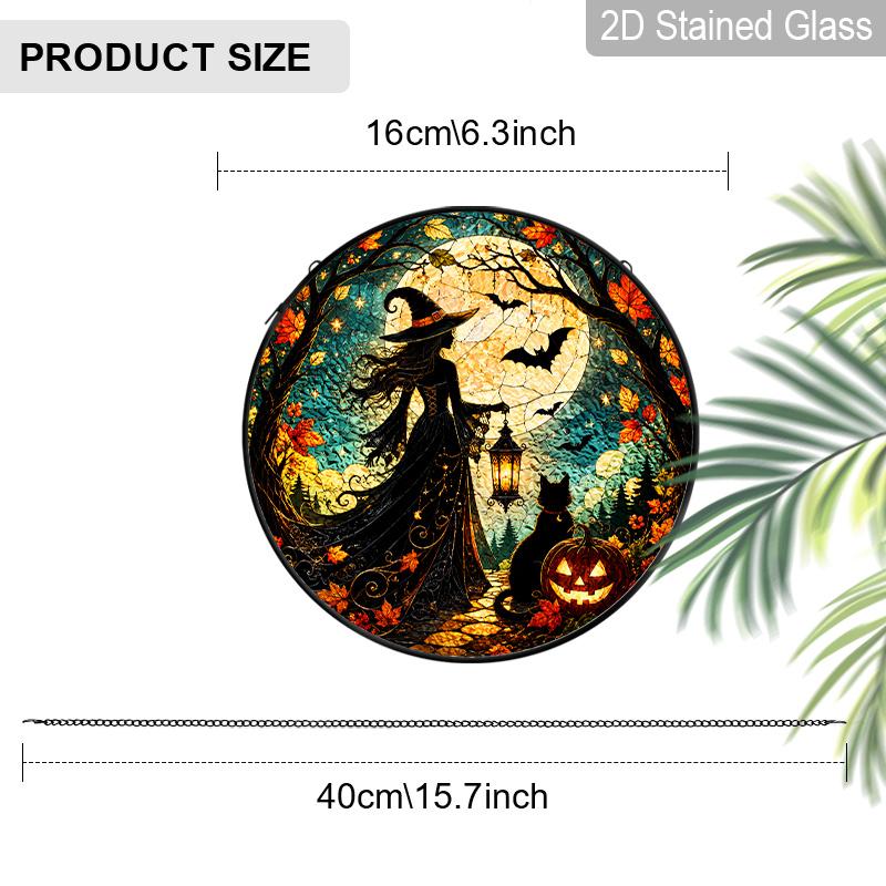 2D Flat Stained Glass Gothic Halloween Witch Window Decoration, 6.3/7.87 Inch Maple Leaf Colorful Glass Plate with Chain, Charming Halloween Sun 6.3inch