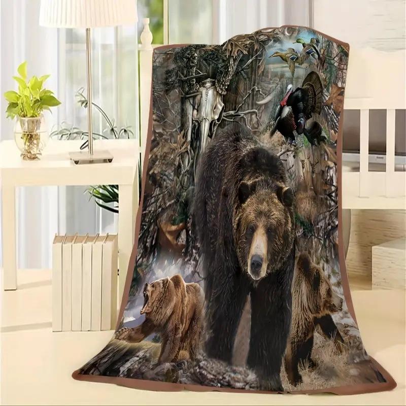 Retro brown bear pattern digital-printed polyester Bedroom velvet flannel cover blanket Fleece soft sofa cover blankets for beds