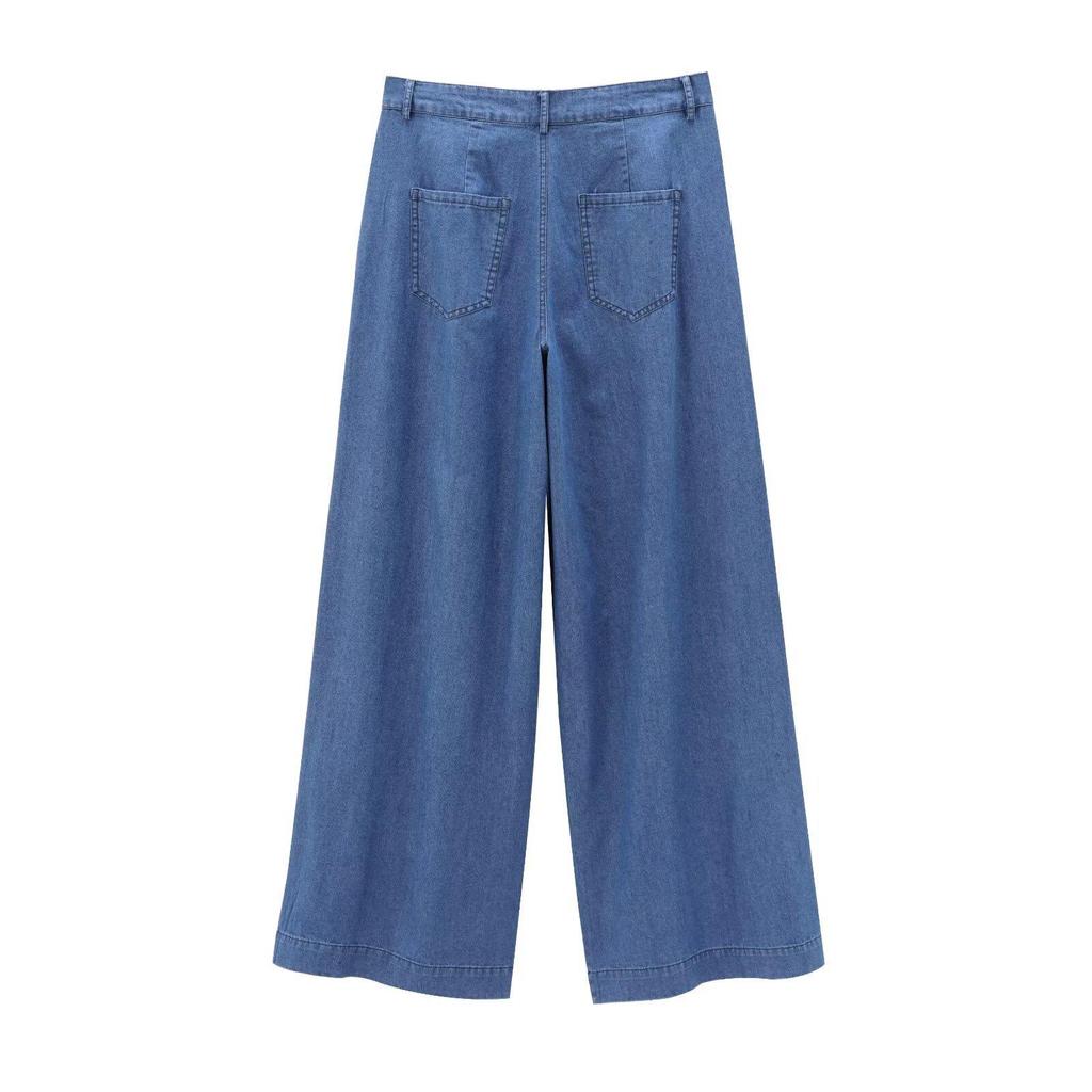 Women's Early Autumn Denim Set: Turn-Down Collar Tie-Waist Shirt & Draping Wide-Leg Pants