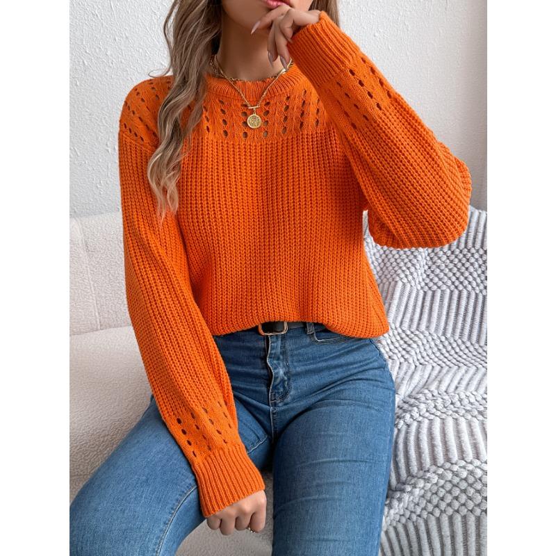 

Женский повседневный однотонный пуловер-свитер с ажурным узором и рукавами-фонариками M оранжевый