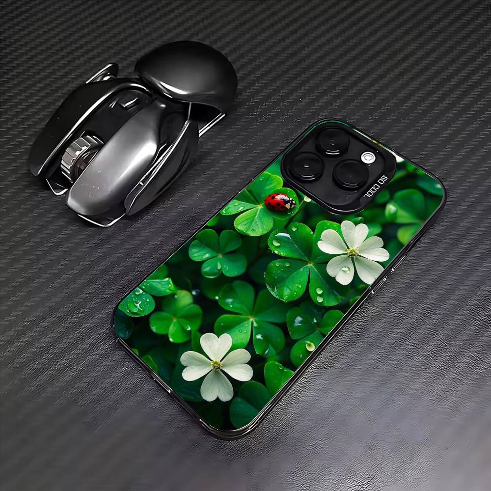 Lucky Four-Leaf Clover Phone Case For iPhone17,16,15,14,13,12,11 Plus,Pro Max Colored Silver Plated Inside Cover