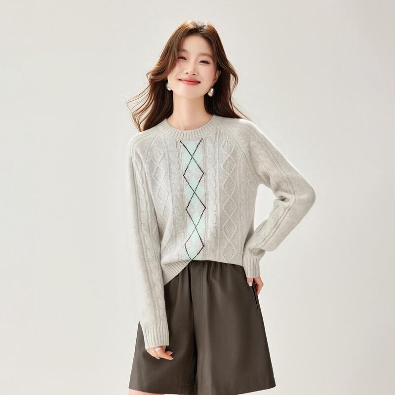 Women's 100% Wool Slouchy Argyle Cable Knit Sweater