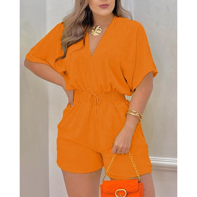Summer V-Neck Jumpsuit with Drawstring Waist in Multiple Colors Women's casual V-neck jumpsuit; women's casual V-neck romper