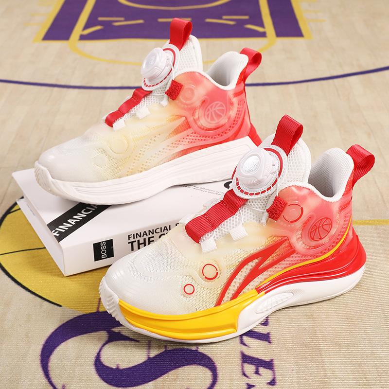 Breathable boys' basketball shoes 2025 spring and summer new classmates rotating button children's sneakers non-slip girls' sneakers