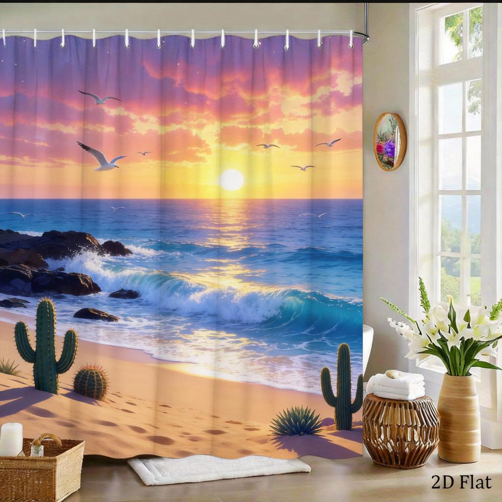 Desert Sunset Shower Curtain Cactus Landscape Print with Snowy Mountains Polyester Bath Curtain with Hooks for Boho Decor