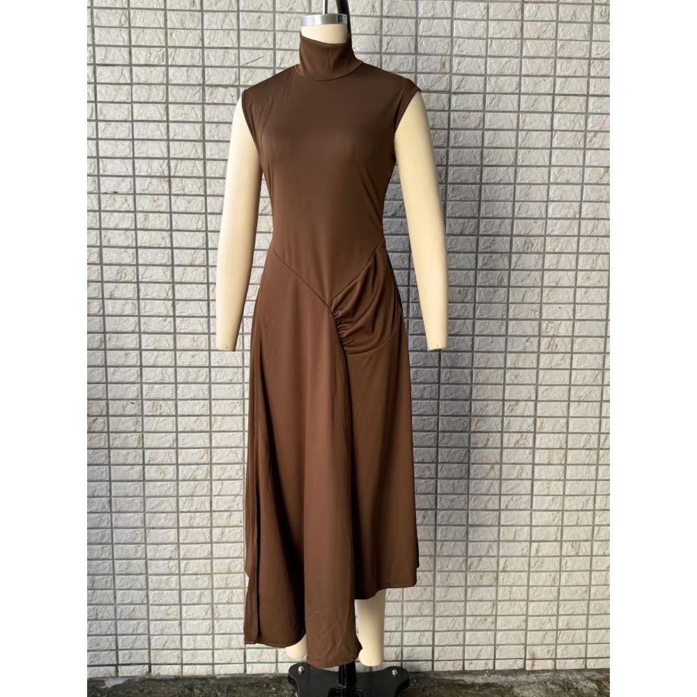 Women's Turtleneck Sleeveless Maxi Dress Slim Fit High Waist Solid Ruched Mermaid Casual Dress