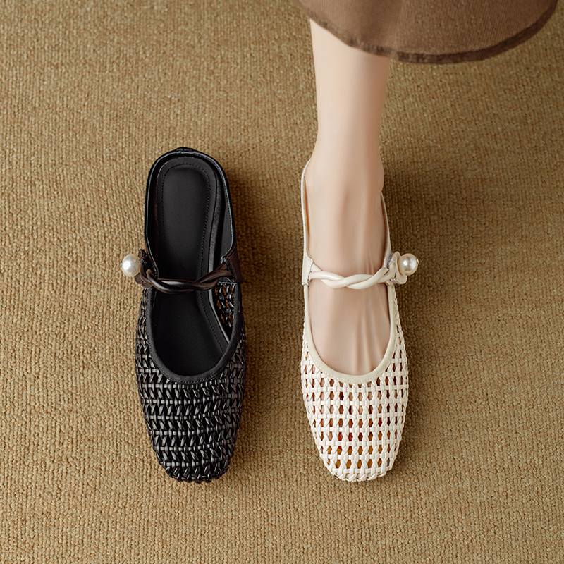 Krazing Pot Microfiber Mules Weaving Summer Size 41 Low Heels Pearl-studded Party Shoes Women Square Toe Gladiator Hollow Out Pumps