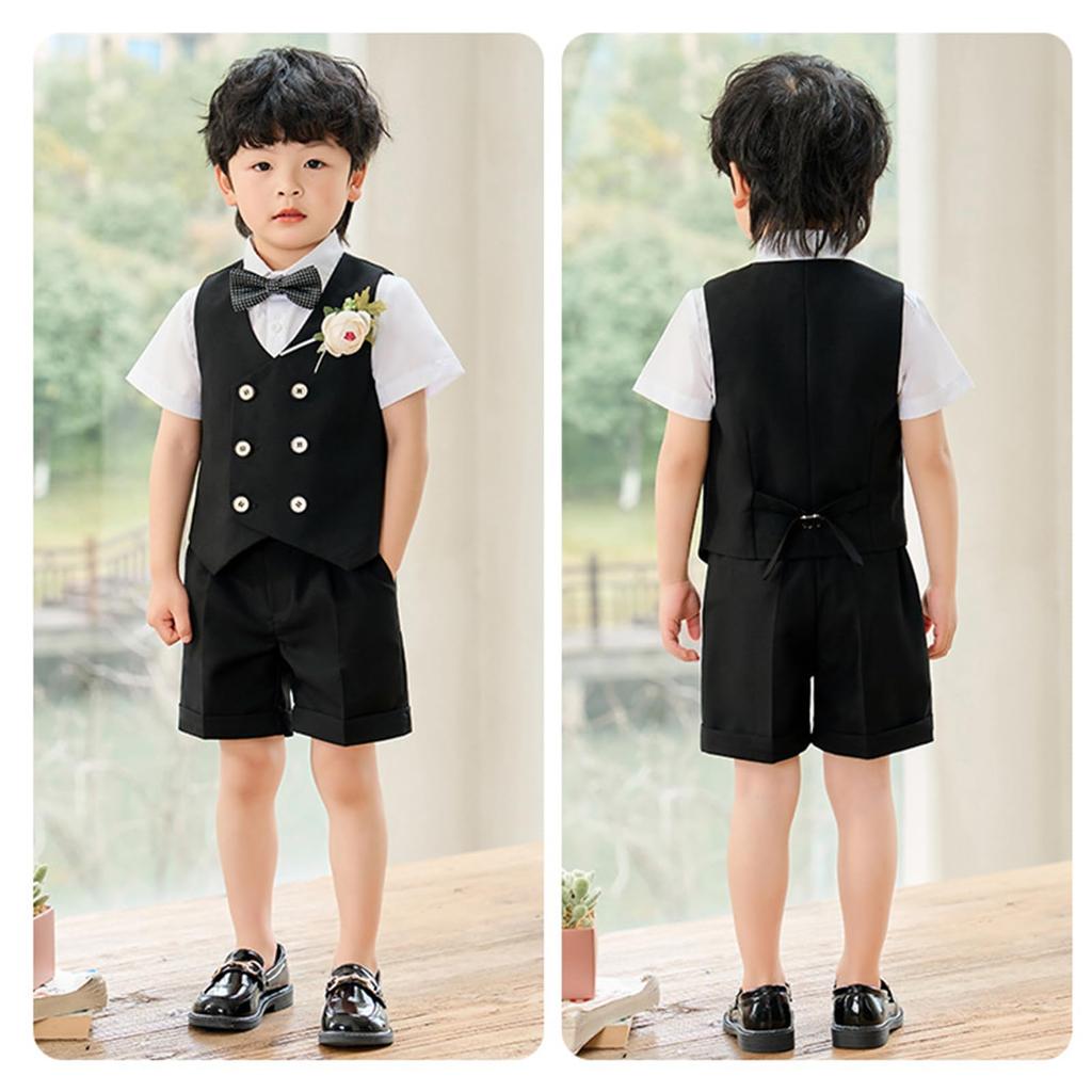 LOLANTA Boys' Formal Short Sleeve Summer Suit, 4-Piece Set, Includes Short Sleeve Dress Shirt, Shorts, Vest, and Bow Tie, Perfect for Weddings, Recita