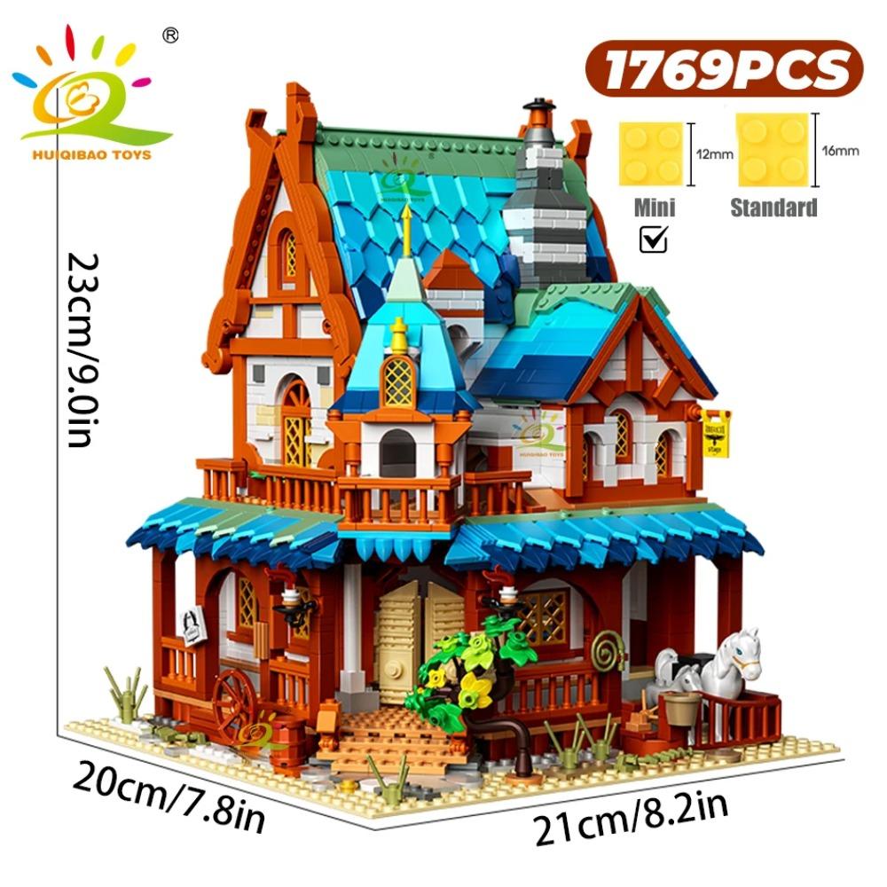 HUIQIBAO MOC Burgstadt Mittelalterlicher Architekturstil Haus Mikro-Bausteine Mini Ziegel Konstruktionsspielzeug für Kinder Geschenke