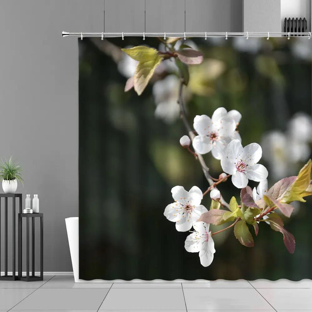 

Spring White Flowers Shower Curtains Plant Floral Landscape Bath Curtain Decor Waterproof Polyester Fabric Screen With Hooks W60H190(CM)-1 Pcs