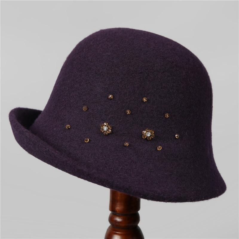 Autumn and Winter New Style Hat Handmade Rhinestone Decoration Wool Warm Fisherman Hat Elegant Curled Brim Bucket Hat for Women