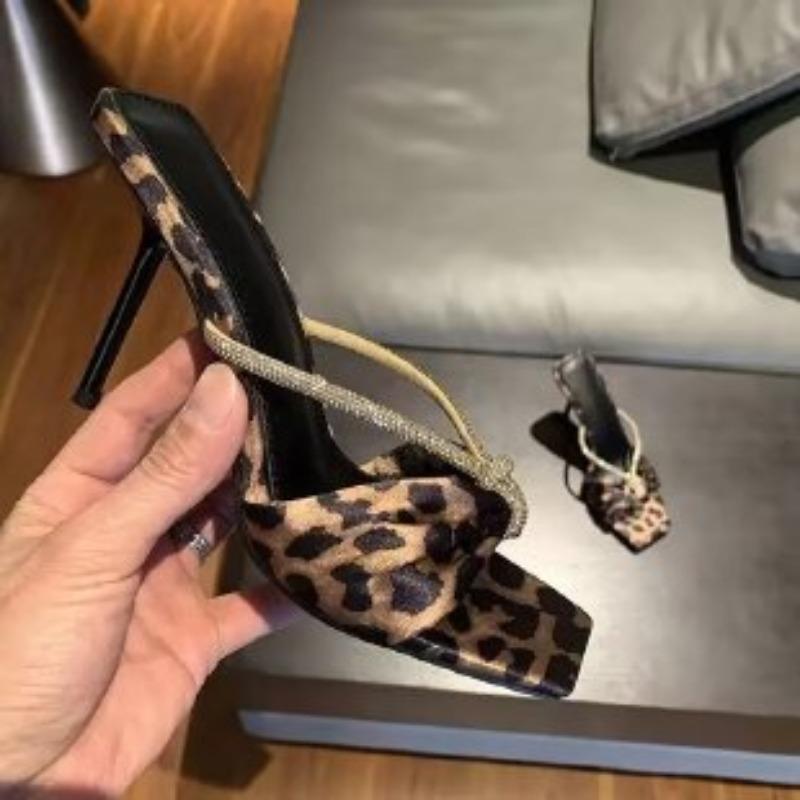 New Style Shoes Water Diamond Flip-flops High Heels Thin Straps Square Heads Exposed Toes One Line